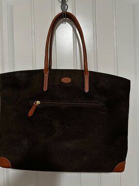 Brics Life Collection Dark Brown Micro-Suede Laptop Tote with Cognac Leather